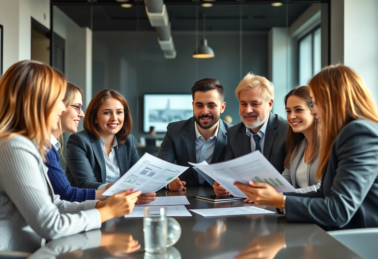 Diverse group of colleagues in a business meeting discussing financial reports.
