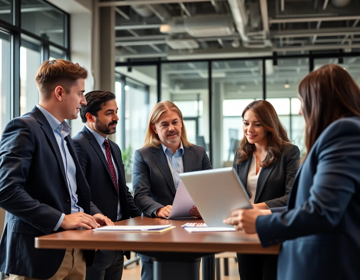 Professional business team collaborating in a modern office.